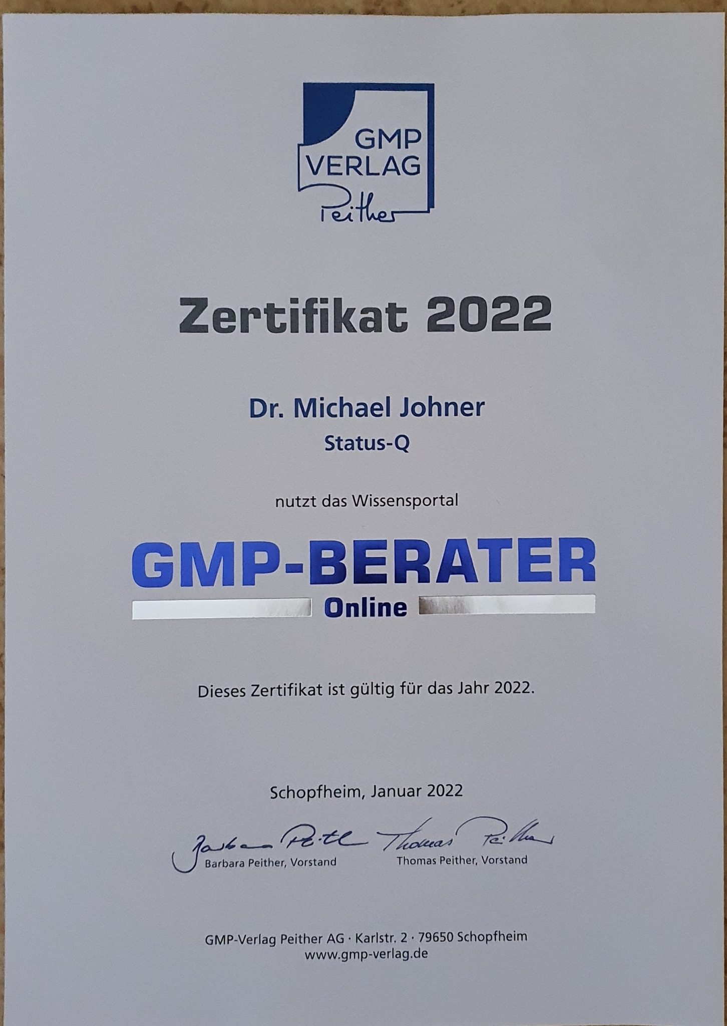 GMP Berater Zertifikat 2022 Michael Johner